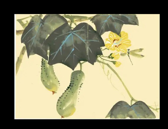 Original hand drawn hand painted Japanese Chinese  Center fold print Cucumber and dragonfly