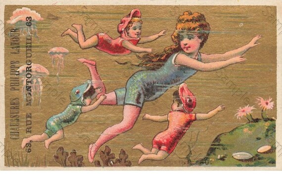 Rare  Victorian Trade card Girls swimming underwater