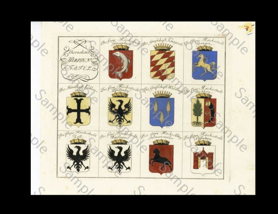 HERALDRY, coat of arms , large copper engraving, hand colored plate, circa 1790-1810, decorative art, hotel decoration, home decor