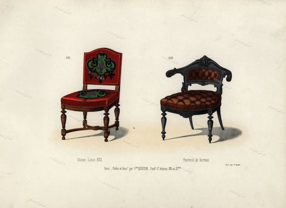 19th Century Original Antique Hand Colored Engraving  - Furniture engraving  decorative art art decor Chairs Meubles et Objets