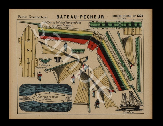 Original Antique Hand Colored Architectural Print Petits constructions Fisherman Boat