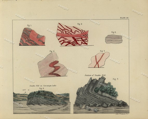 1843 Hand colored Geological map  from Geology of New-York by William W. Mather art decor Original print