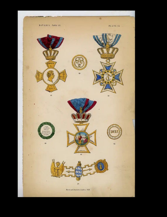 Rare  Original hand Color  knighthood and decorations of honor medals and coat of arms