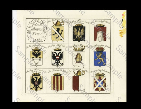 HERALDRY, coat of arms , large copper engraving, hand colored plate, circa 1790-1810, decorative art, hotel decoration, home decor