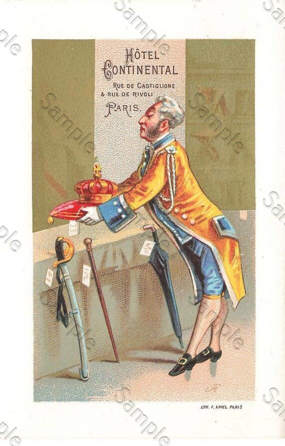 Rare  Victorian Trade card Large chromo Advertising Menu Hotel Continental, Rue de Castiglione