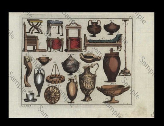 18th century Antique original Architecture hand colored engraving circa 1790 middle ages vases jars jugs furniture