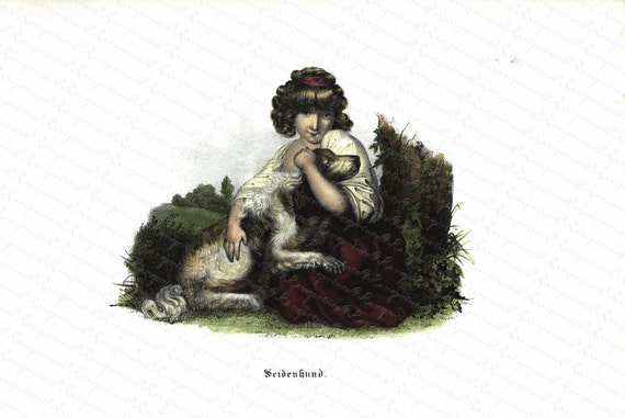 Original AntiqueHand colored  Print Of Pretty Girl with her dog.  Stunning Engraving From 1840's - Large Folio