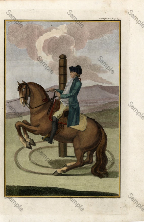 Antique Dressage Hand colored  Engraving Baron Rais d’Eisenberg Circa 1727