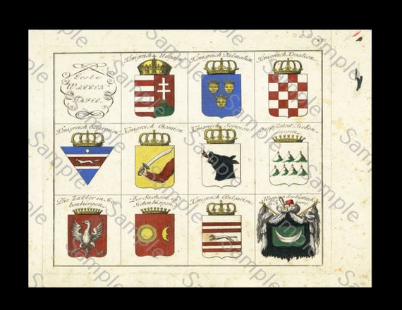 HERALDRY, coat of arms , large copper engraving, hand colored plate, circa 1790-1810, decorative art, hotel decoration, home decor