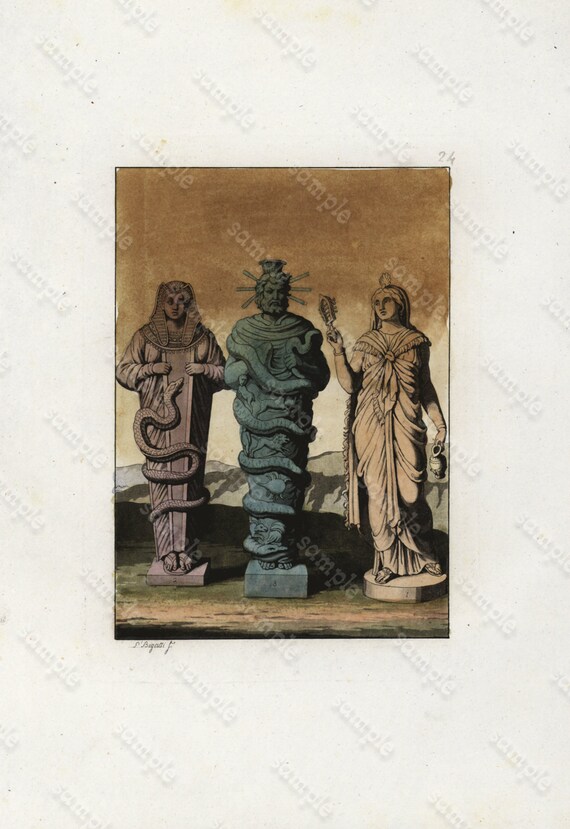 Antique original Hand colored  Engraving of Snakes- Egyptian -Statues- Gods and  Ferrarioe  dated 1827 - RARE