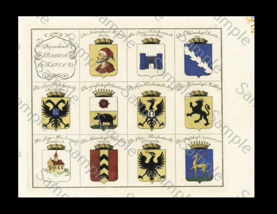 HERALDRY, coat of arms , large copper engraving, hand colored plate, circa 1790-1810, decorative art, hotel decoration, home decor