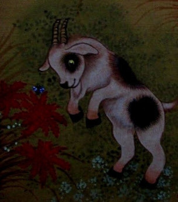 Mid 19th century Matted Original Chinese Watercolor Silk Painting of a goat