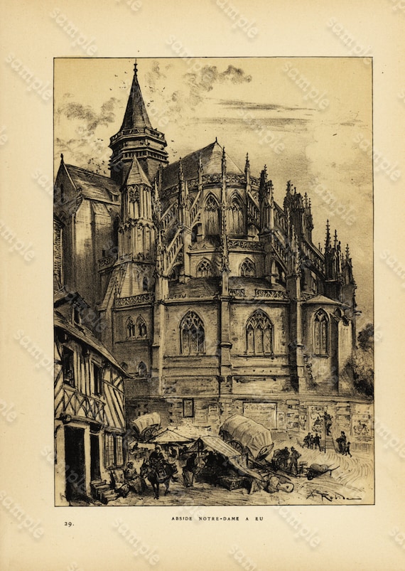 Original  Antique Gothic Architecture Lithograph of Aside Notre - Dame A EU