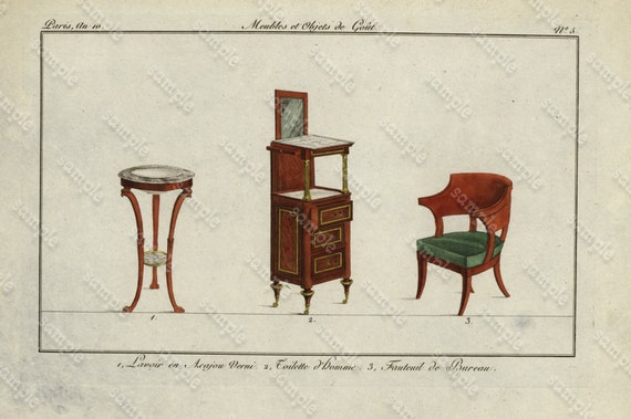 Original Antique Hand Colored Engraving   Furniture from Collection de Meubles et Objets de Goût by Pierre de La Mésangère (1761-1831)