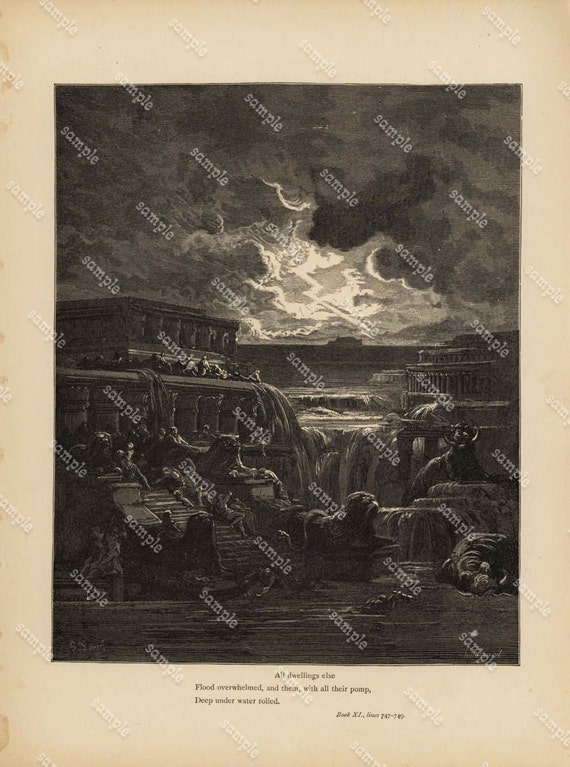 Antique Original Biblical Print by Gustavo Dore From Rare Milton's Paradise Lost - All dwellings else