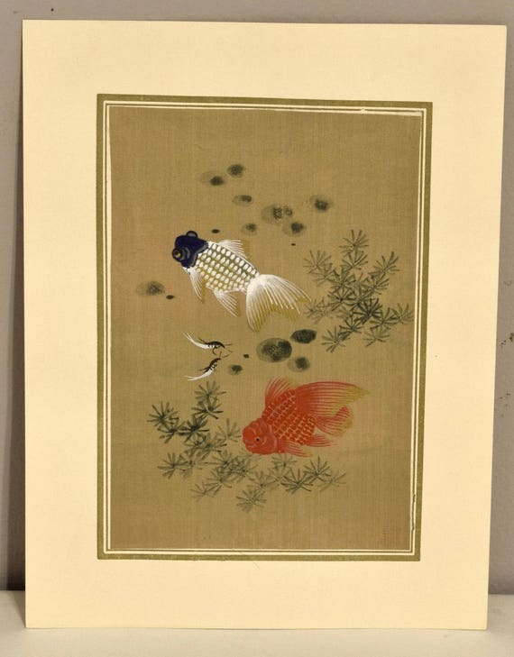 Original Chinese Goldfish Watercolor Silk Painting Matted G
