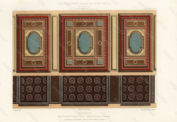 Original Antique Colored L'Architecture French Lithograph  Vstibule   Rare - Large Folio Size