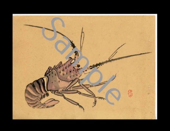 Antique rare Japanese Woodblock Print lobster shrimp