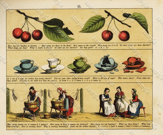 Decorative art hand colored print various costumes and fruits