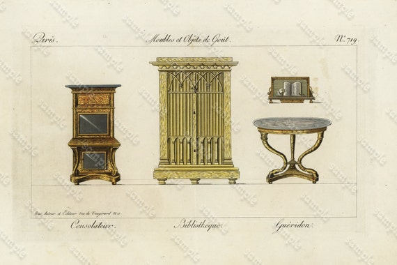 Original Antique Hand Colored Engraving  Furniture from Collection de Meubles et Objets de Goût by Pierre de La Mésangère (1761-1831)