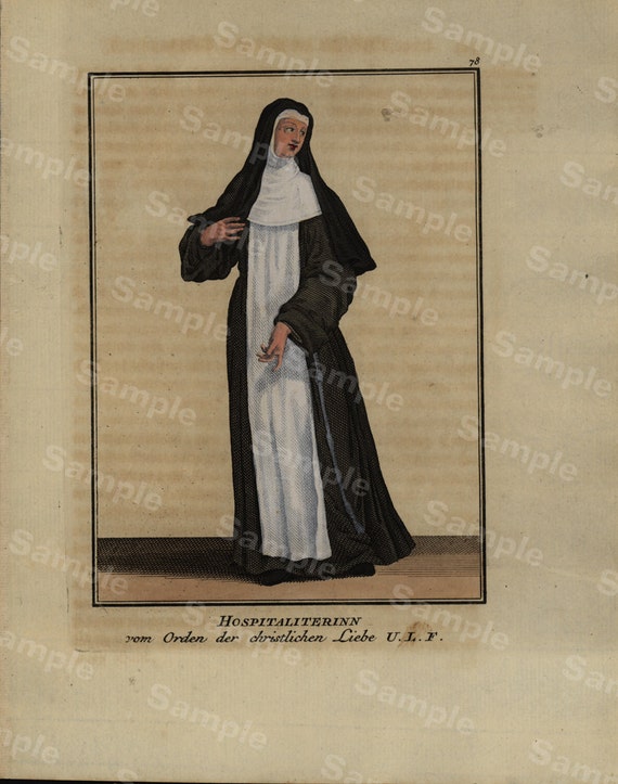 Rare Religious hand colored Decorative Art engraving Monastery Woman From The Order Of Cleaning Marie In Flanders dates 1754