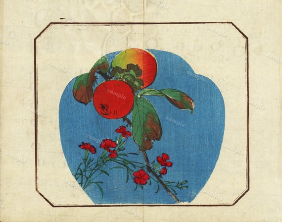 Japanese Fruits vase Antique Woodblock print