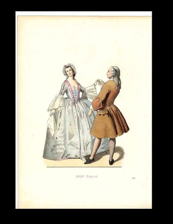 Antique Hand Colored Original Costume Engraving Dancing master and young Venetian woman, 18th century, Italy