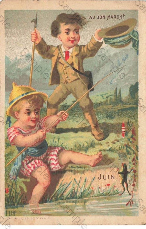 Rare  Victorian Trade card AU BON MARCHÉ Children Fishing