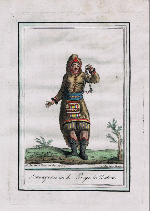 Original Antique French Costume Hand Colored Engraving - 1780 - Hudson Bay Canada North America Costume 1780