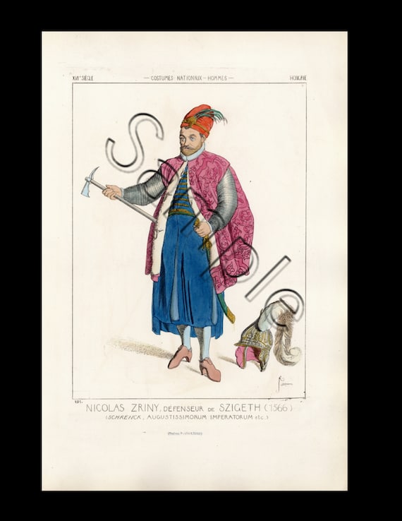 Antique French Hand Colored Original  Costume  Print Raphael Jacquemin  Nicolas zrinyi