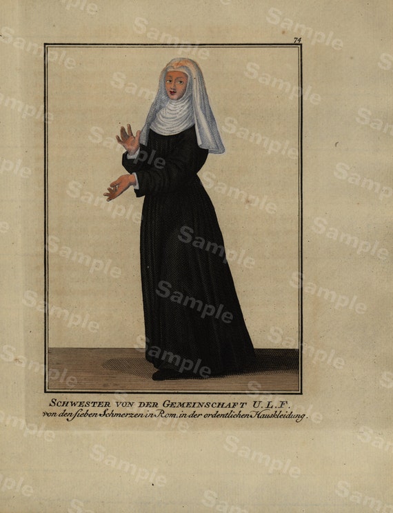 Rare Religious hand colored Decorative Art engraving Monastery Woman From The Order Of Cleaning Marie In Flanders dates 1754