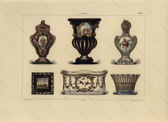 Antique original Colored Print From   La PORCELAINE Tendre De Sevres - Folio original chromolithographic plates highlighted with gold