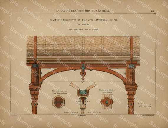 Unique Antique Architectural Print Le Charpentier Serrurier Au XIX Siecle decorative wall art original color lithograph print Very Rare