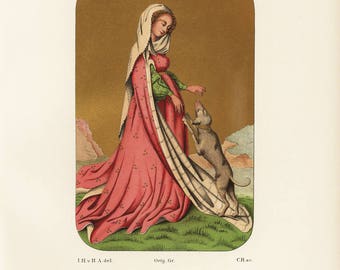 Original Antique Decorative Art Print Woman's Dress From the Early 15th -