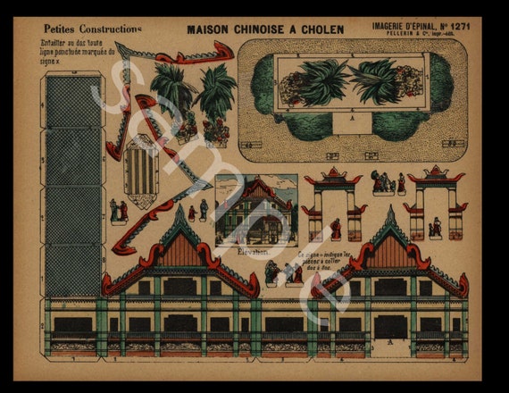 Original Antique Hand Colored Architectural Print Petits constructions Chinese House A cholen