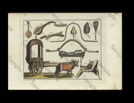 18th century Antique original Architecture hand colored engraving circa 1790 middle ages wagon and objects