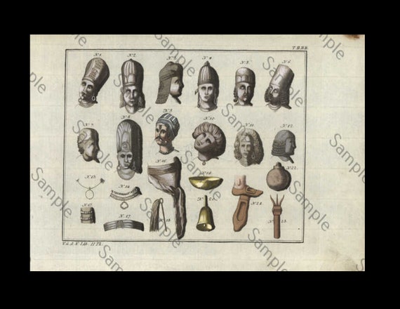 18th century Antique original Architecture hand colored engraving circa 1790 middle ages faces masks