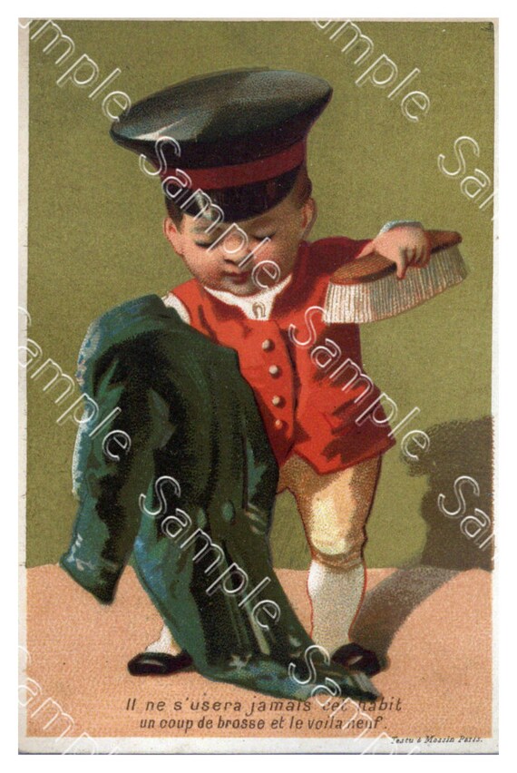 Rare  Victorian Trade card  boy cleaning his coat