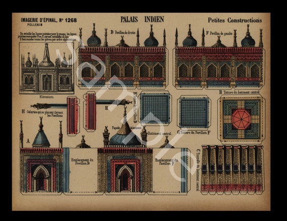 Original Antique Hand Colored Architectural Print Petits constructions Indian Palace