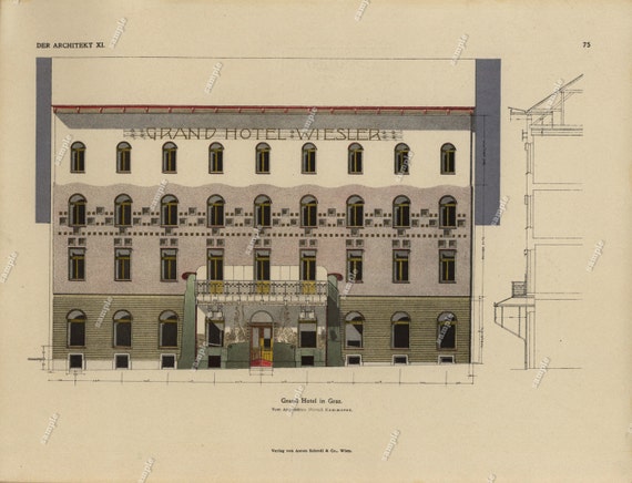 1905 Original Architecture Color Lithograph Decorative art- wall art- home decor - Large folio size - Rare DER ARCHITEKT Wiener Monatshefte