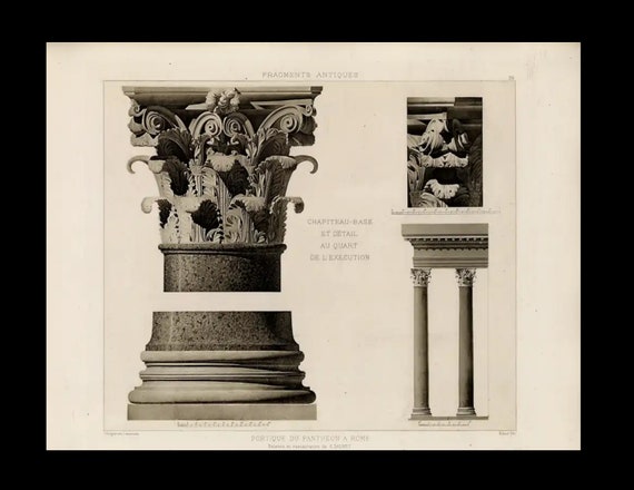 Antique Original Engraving of Architectural Elements From Fragments D’Architecture Palestrine   1905 D'Espouy Rome