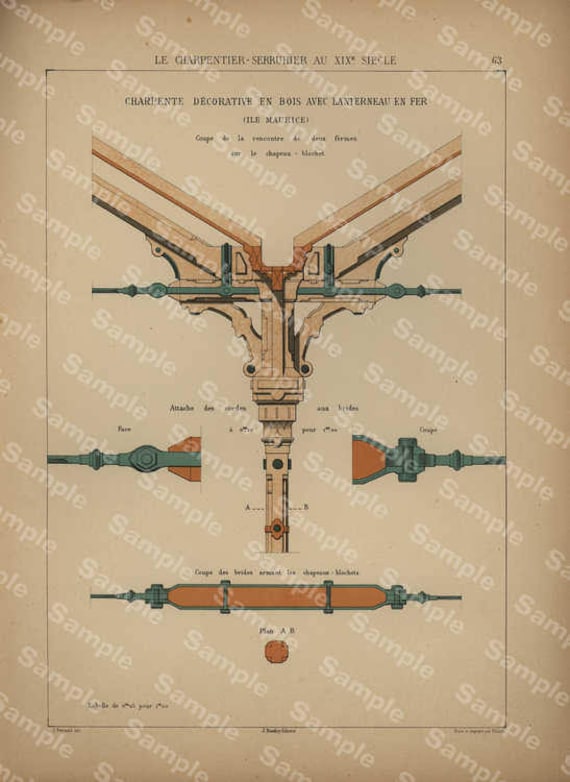 Unique Antique Architectural Print Le Charpentier Serrurier Au XIX Siecle decorative wall art original color lithograph print Very Rare