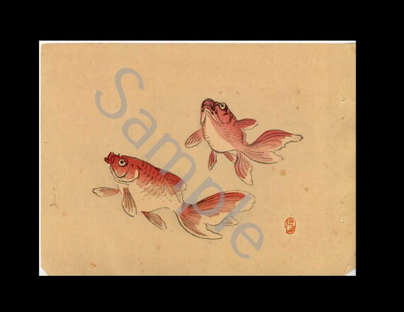 Antique rare Japanese  Woodblock Print Gold fish