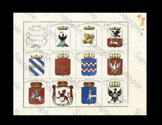 HERALDRY, coat of arms , large copper engraving, hand colored plate, circa 1790-1810, decorative art, hotel decoration, home decor
