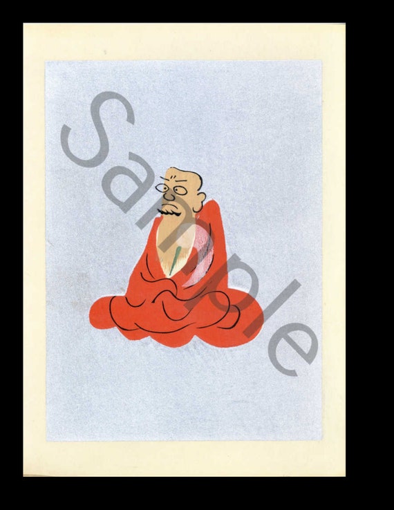 Japanese woodblock whimsical cartoon print Dharma in Zen Meditation