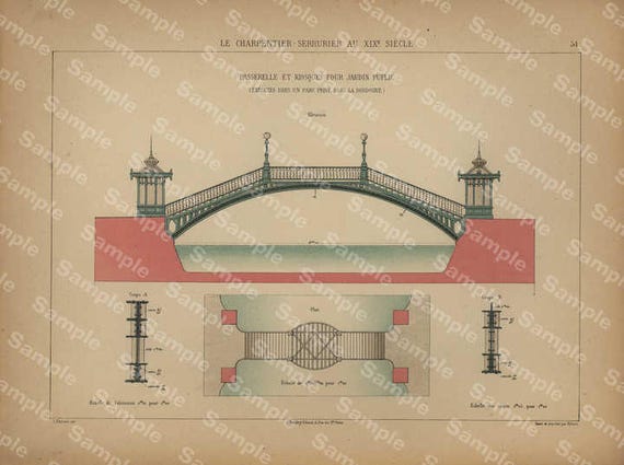 Unique Antique Architectural Print Le Charpentier Serrurier Au XIX Siecle decorative wall art original color lithograph print Very Rare