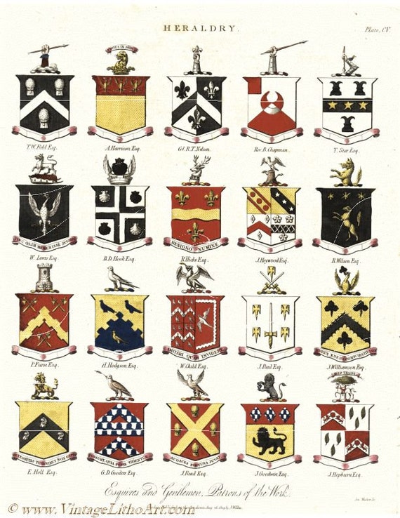 Original Antique Hand colored print  Coats of Arms Vintage