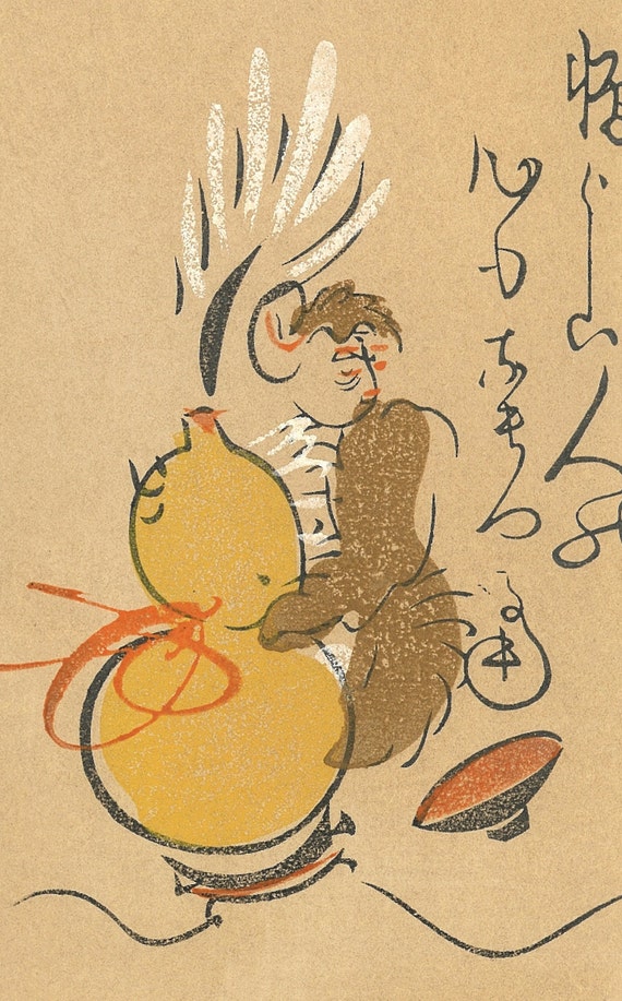 Demons Whimsical hand painted drawing childrens Gorgeous Mid 19th Century Japanese woodblock Print of Mythical creatures Devil