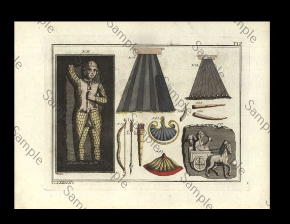 18th century Antique original Architecture hand colored engraving circa 1790 middle ages objects