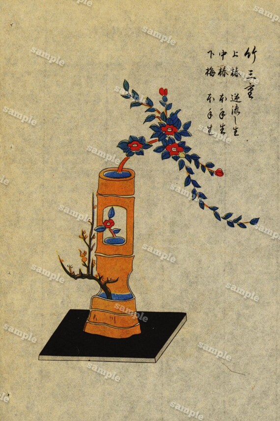 Flower arrangements Original  Antique Japanese Hand colored woodblock Print vases original Mejii Period decorative art wall art